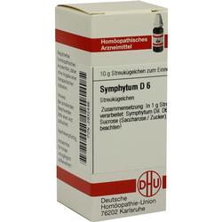Packung mit homöopathischem Mittel namens "Symphytum D6" von der Deutschen Homöopathie-Union.
