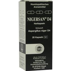 Schwarze Medikamentenverpackung mit der Aufschrift "Nigersan D4" und "20 Hartkapseln".