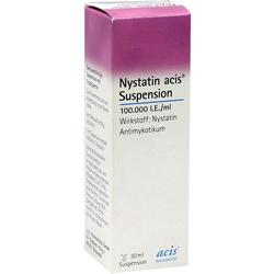 Eine weiße Medikamentenschachtel mit der Aufschrift "Nystatin acis Suspension".
