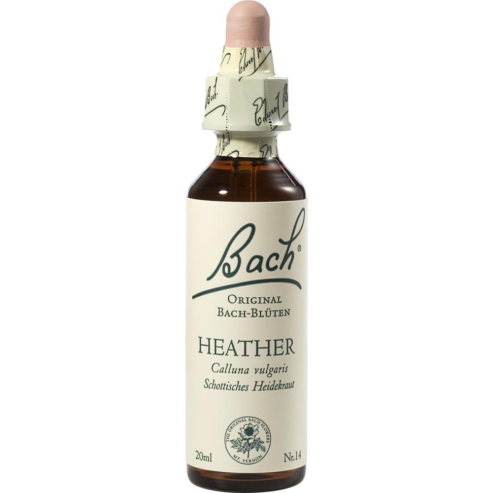 Eine braune Glasflasche mit der Aufschrift "Bach Original Bach-Blüten Heather".