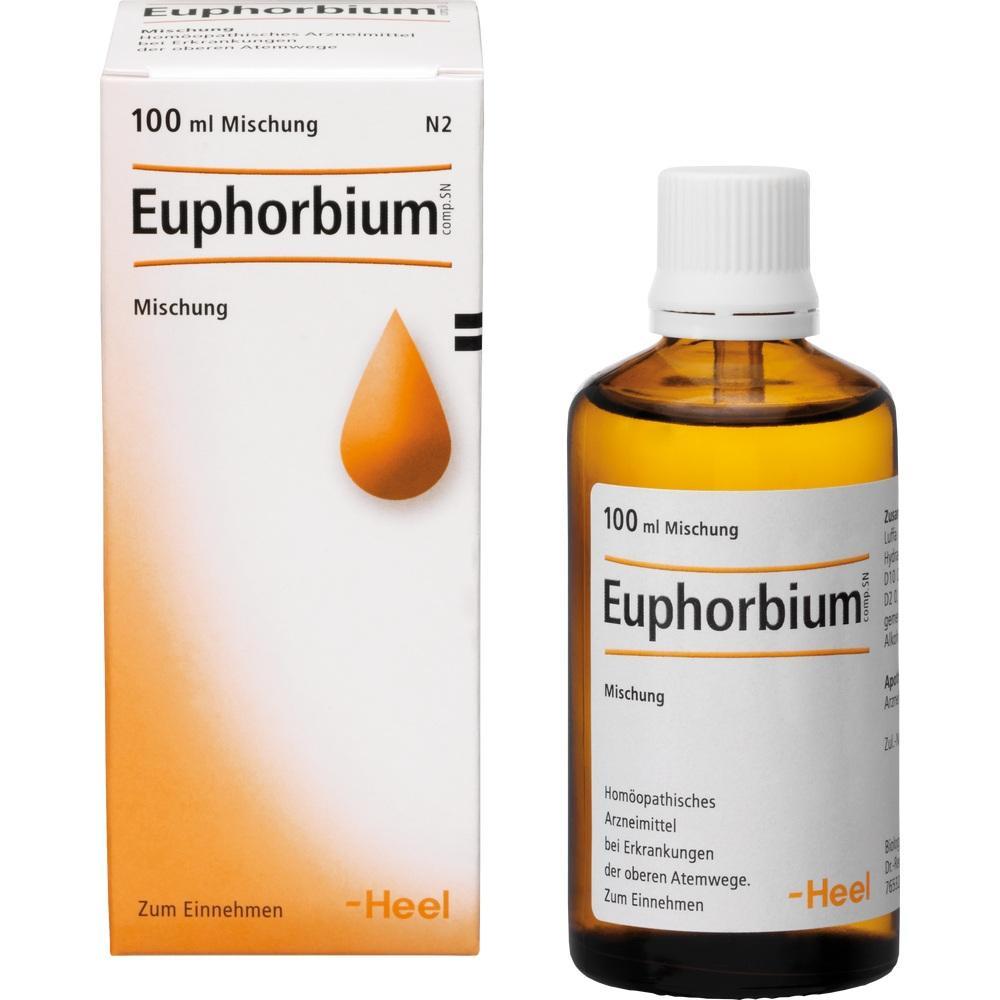 Braune Flasche und Karton mit der Aufschrift "Euphorbium Mischung".
