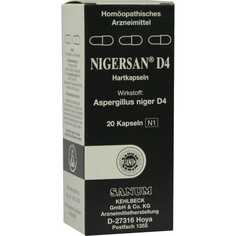 Schwarze Medikamentenverpackung mit der Aufschrift "Nigersan D4" und "20 Hartkapseln".