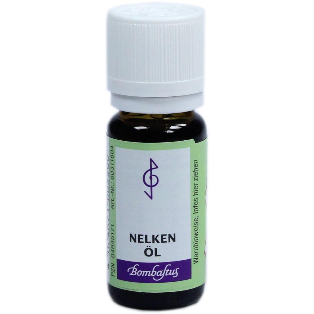 Kleine Flasche mit Nelkenöl und weißem Deckel.