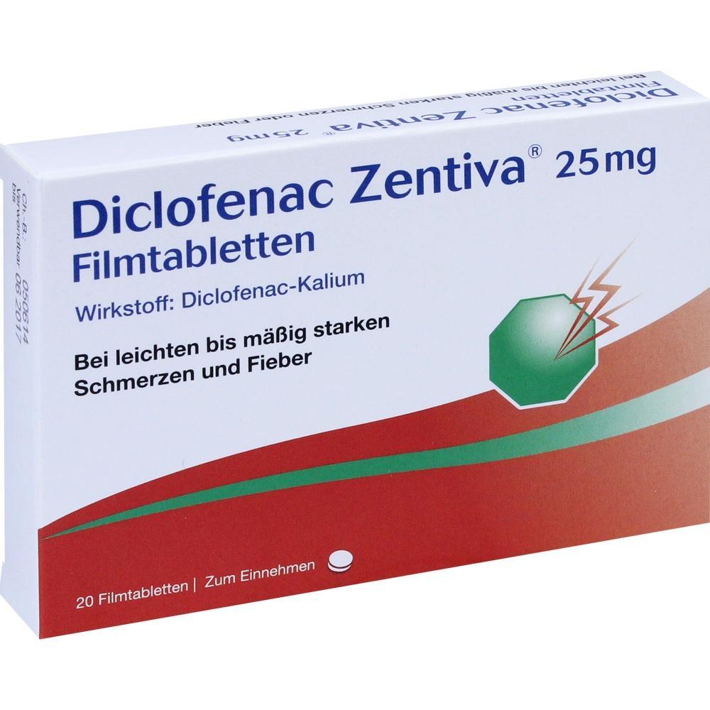 Verpackung von Diclofenac Zentiva 25 mg Tabletten gegen Schmerzen und Fieber.