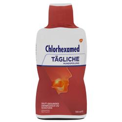 Eine Flasche Chlorhexamed Mundspülung für die tägliche Zahnpflege.