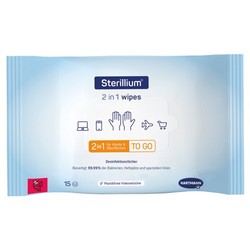 Blaue Packung mit Desinfektionstüchern für Hände und Oberflächen, 15 Stück.